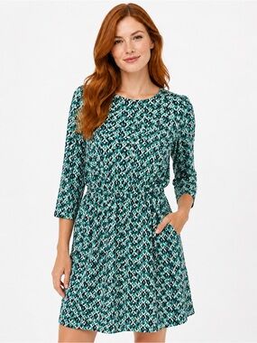 Everly Geometric Print Shift Dress Medium Teal Blue Mod Retro Lined